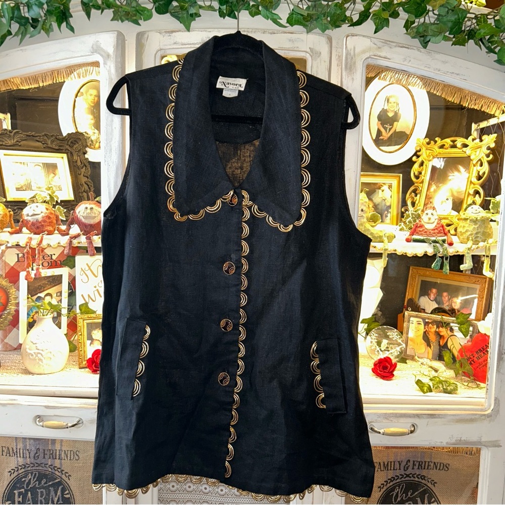 Navora Foxy Women Medium black linen vintage long vest black gold buttons
